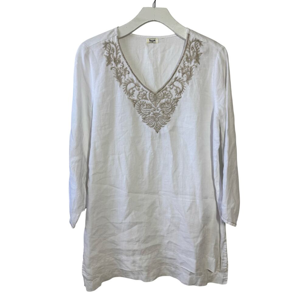 Symple NYC Linen Lagenlook Tunic Top Women M White Boho Beach Embroidery Coastal